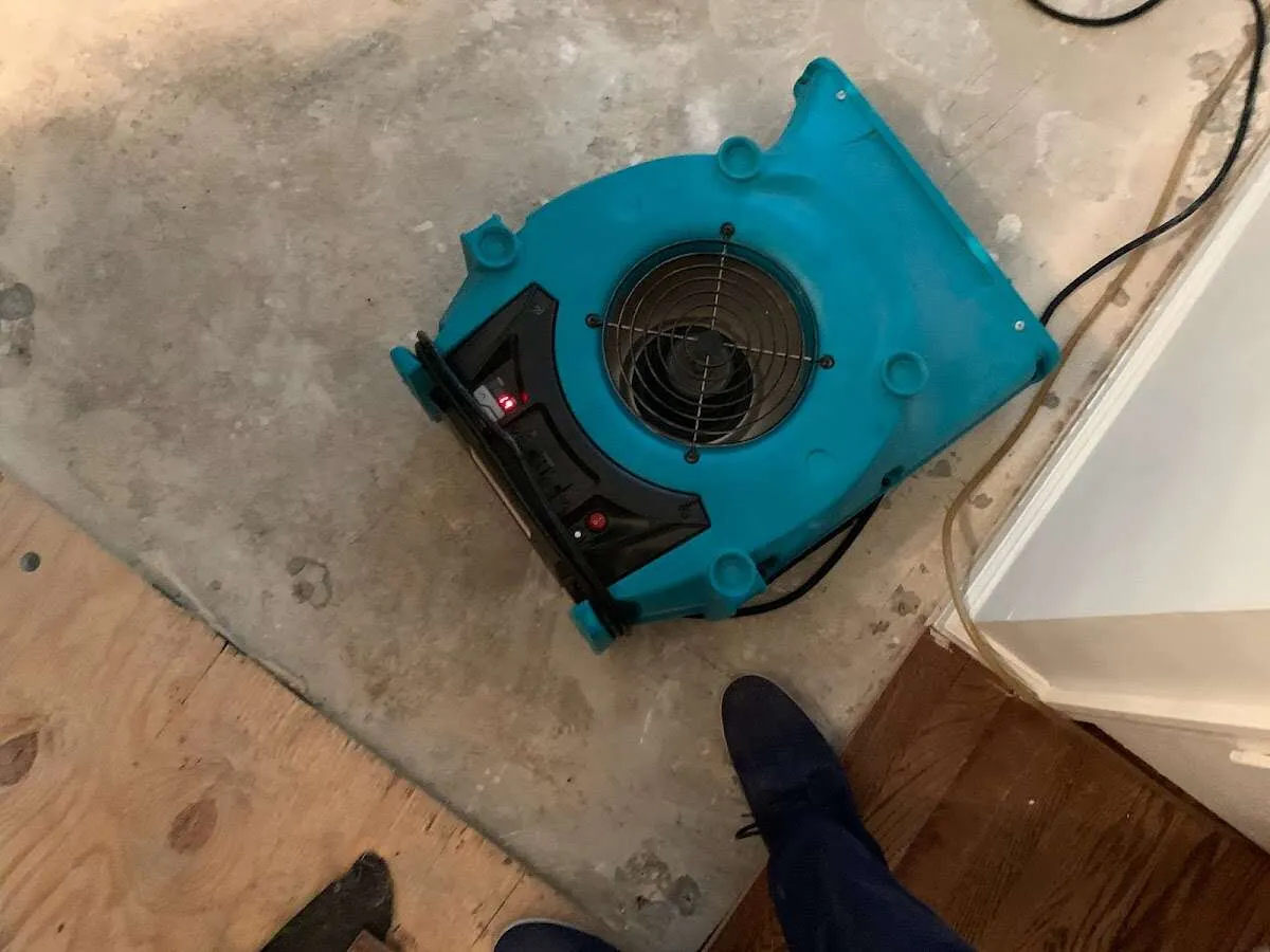 Air mover drying subfloor during Commercial Water Damage Restoration in West Cocalico